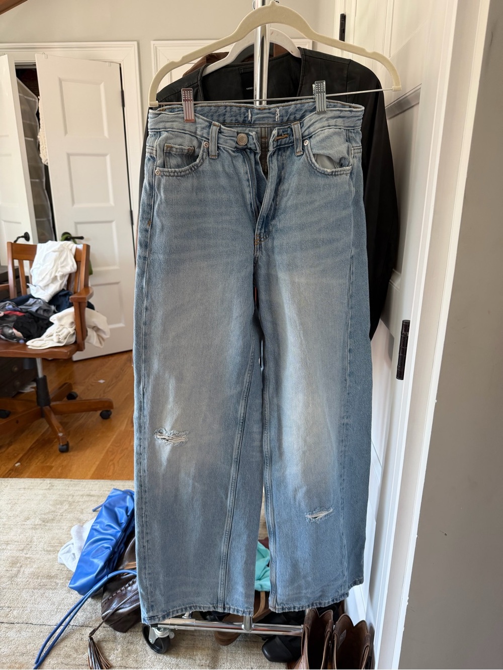 Zara Light Blue Wide Leg High Rise Distressed Jeans